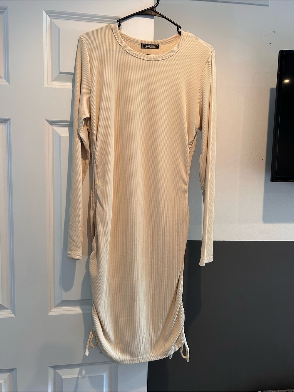 Fashion Nova Cream Long Sleeve Bodycon Dress